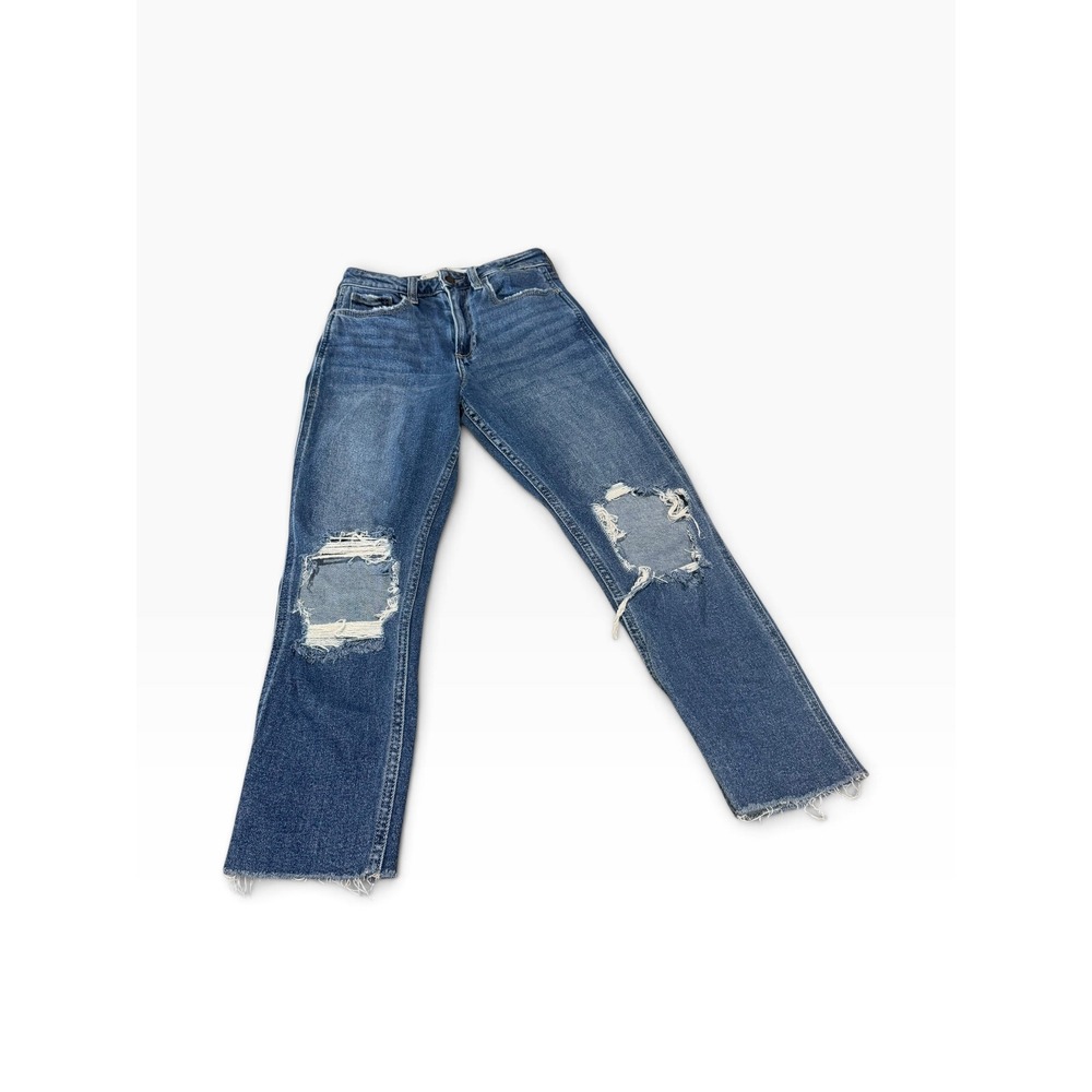 Hollister Curvy High-Rise Mom Jeans Medium Wash Distressed W24 L25 Raw Hem